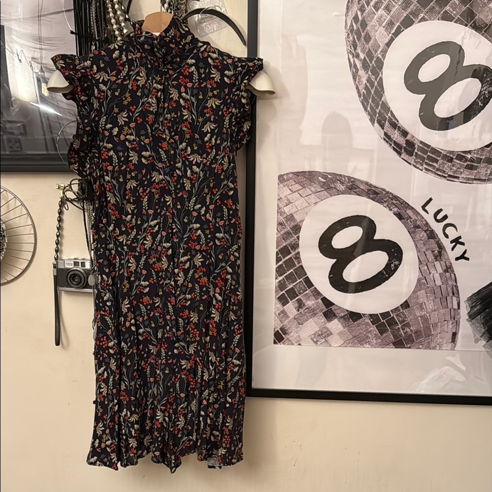 Zara Black and White Ruched Midi Dress with Mock Neck